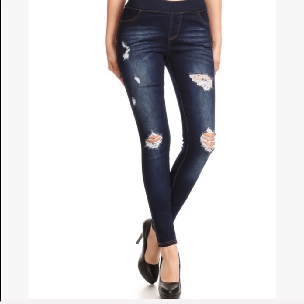 High Waisted Elastic Jeans Distressed
